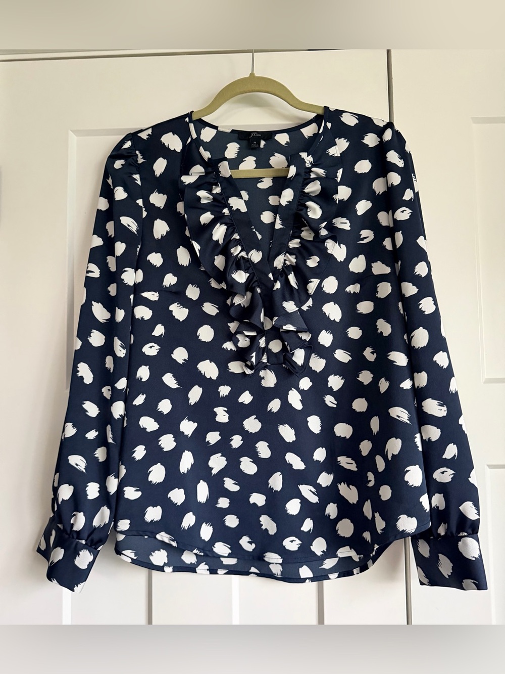 J Crew Ruffle V-Neck Navy Polka Dot Blouse - size medium